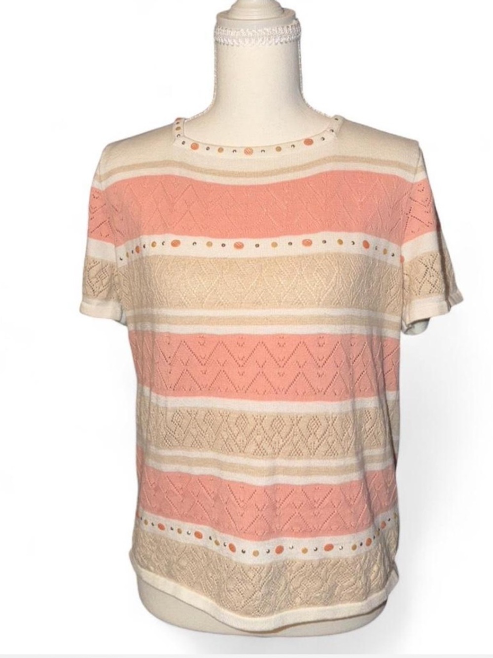 Alfred Dunner Peach and Cream Short-Sleeve Striped Knit Top